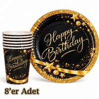 Happy Birthday Siyah Gold Tabak Bardak Seti 8 Adet