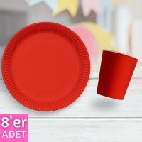 Kırmızı Renk Tabak Bardak Seti 8 Adet