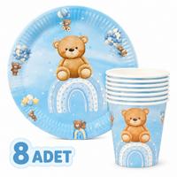 Mavi Ayıcık Tabak Bardak Seti 8 Adet