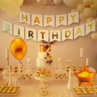 Parlak Yaldızlı Banner Happy Birthday Beyaz Gold