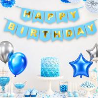 Parlak Yaldızlı Banner Happy Birthday Mavi Gold