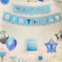 Parlak Yaldızlı Banner Happy Birthday Mavi Gümüş