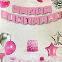 Parlak Yaldızlı Banner Happy Birthday Pembe Gümüş