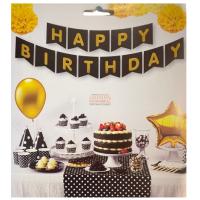 Parlak Yaldızlı Banner Happy Birthday Siyah Gold