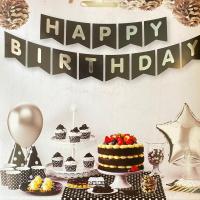 Parlak Yaldızlı Banner Happy Birthday Siyah Gümüş