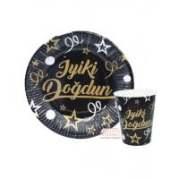 Siyah İyi Ki Doğdun Tabak Bardak Seti 8 Adet